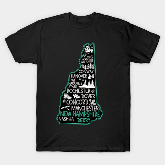 New Hampshire Derry cute map Conway Hanover Rochester Dover Manchester Nashua The Granite State T-Shirt by BoogieCreates